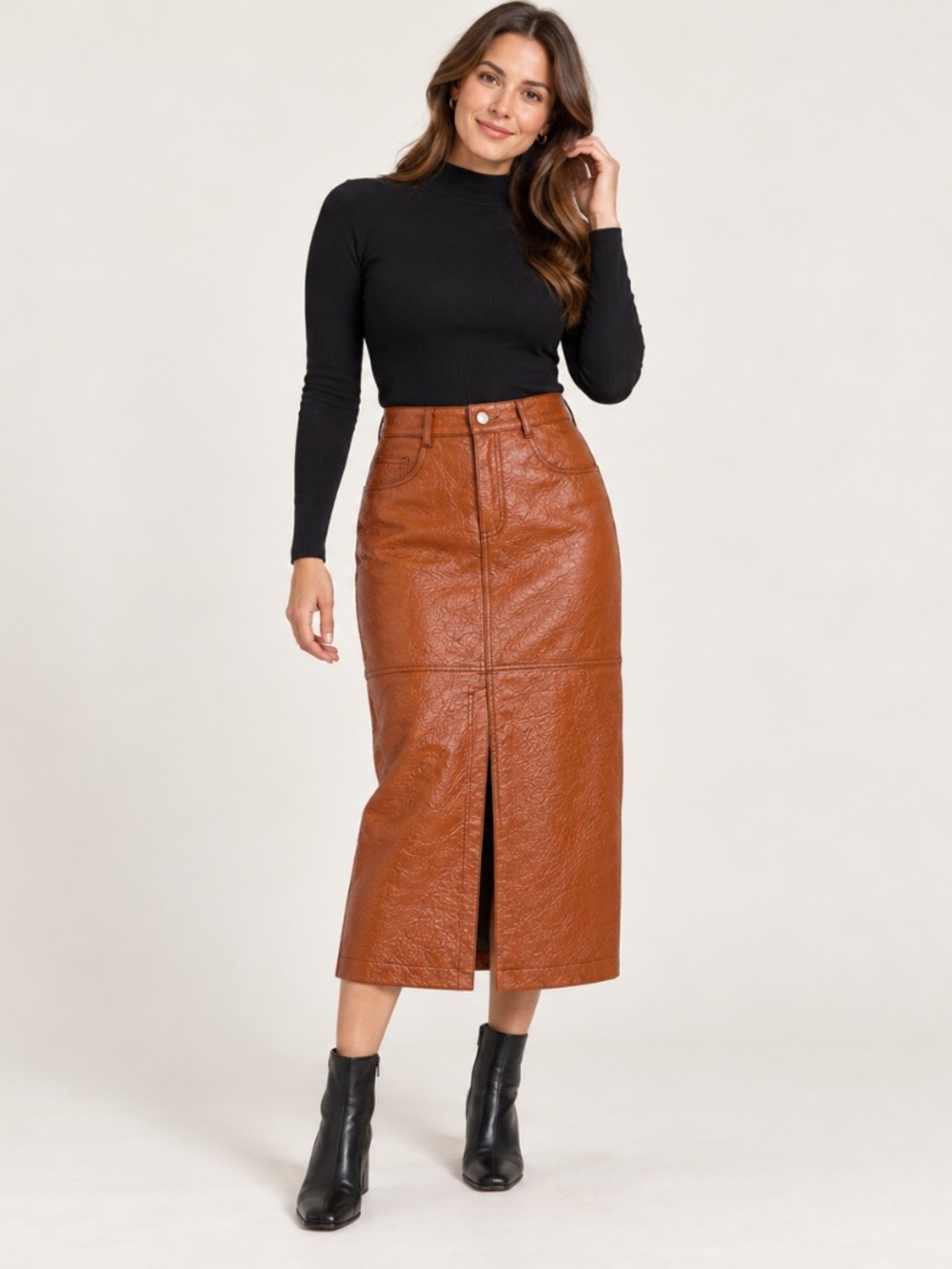 MSGM Faux Leather Midi Skirt Cognac Brown High Rise Made in Italy IT 40 US 6